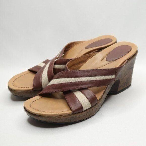 Dansko Neeci Women's Size 40 Brown & Cream Leather Wedge Slide Sandals - Picture 3 of 11